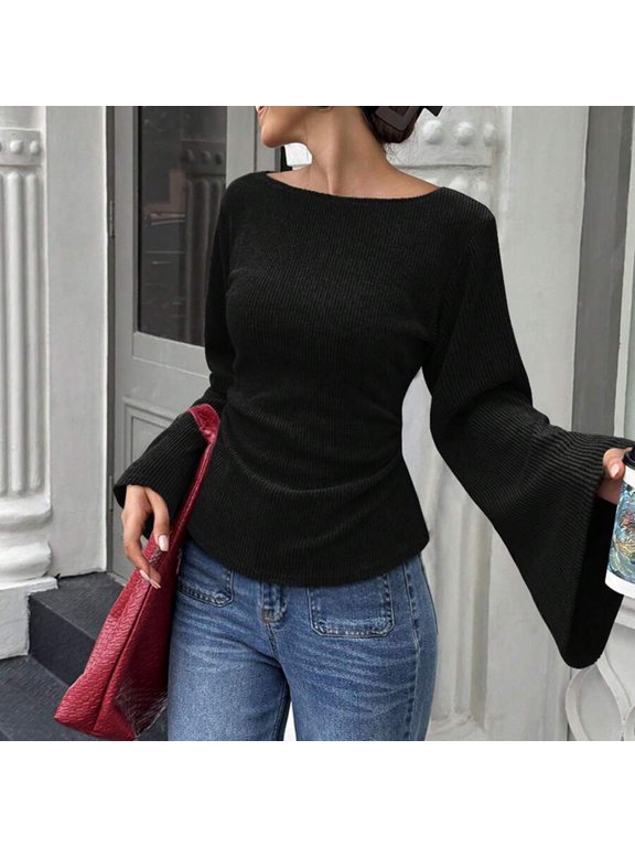 Women's Elegant Boat Neck Ribbed Knit Top – Flare Sleeve Slim Fit Ruched Waist Casual Solid Color Basic Blouse Black,XXL