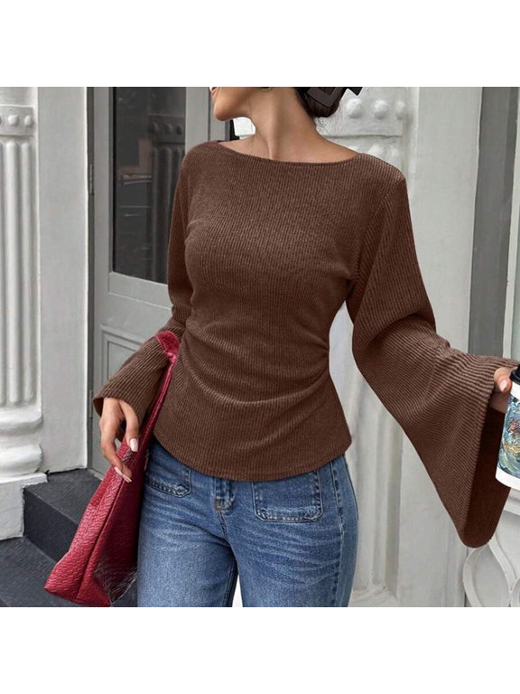 Women's Elegant Boat Neck Ribbed Knit Top – Flare Sleeve Slim Fit Ruched Waist Casual Solid Color Basic Blouse Coffee,M