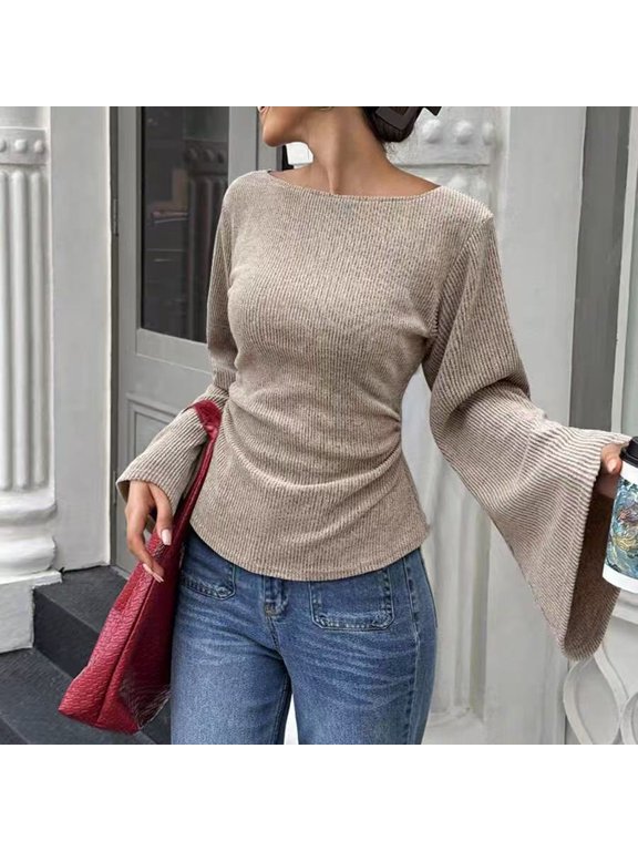 Women's Elegant Boat Neck Ribbed Knit Top – Flare Sleeve Slim Fit Ruched Waist Casual Solid Color Basic Blouse Khaki,M