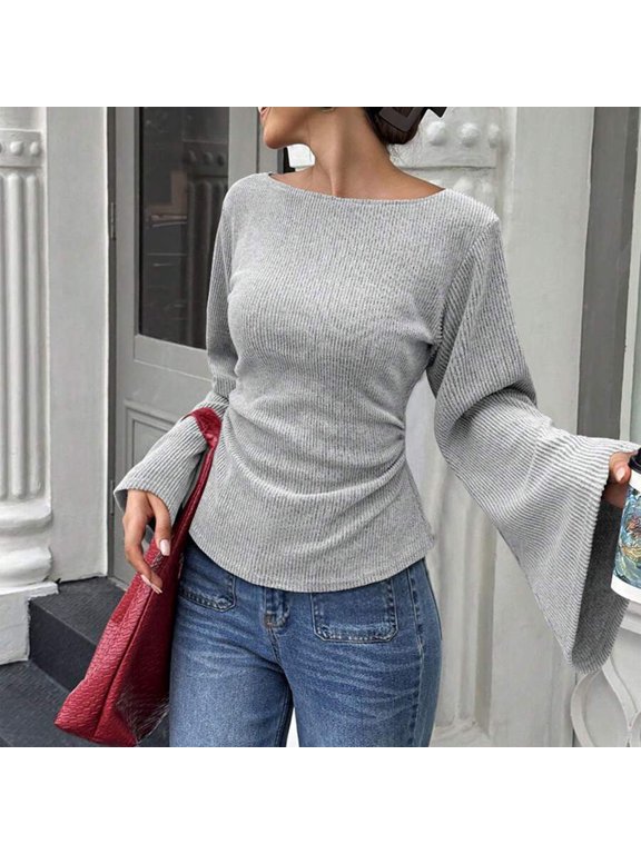 Women's Elegant Boat Neck Ribbed Knit Top – Flare Sleeve Slim Fit Ruched Waist Casual Solid Color Basic Blouse Light Gray,XL