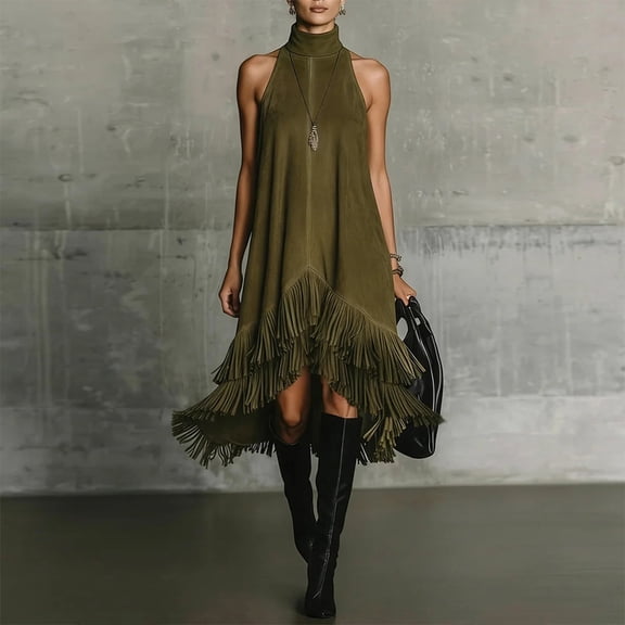 Morttic Women's Elegant Bohemian Sleeveless Dress – Solid Color High Neck A-Line Dress with Asymmetrical Fringe Hem Army Green,S