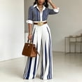thumbnail image 1 of Morttic Women's Elegant Business Striped 2-Piece Outfit – Long Sleeve Lapel Button Front Shirt & High Waist Wide Leg Pants Blue，L, 1 of 6