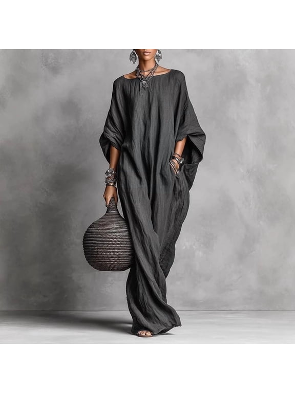 Women's Elegant Casual Kaftan Solid Color Maxi Dress – Loose Batwing Sleeve with Side Pocket Summer Beach Cover Up Black,S
