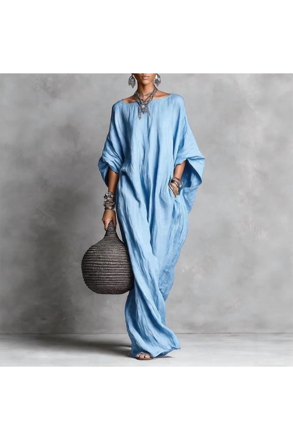 Women's Elegant Casual Kaftan Solid Color Maxi Dress – Loose Batwing Sleeve with Side Pocket Summer Beach Cover Up Blue，S