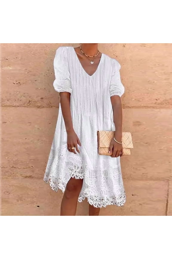 Women’s Elegant Casual Solid Color Summer Striped Texture Dress with Patchwork Floral Lace Trim White,XL