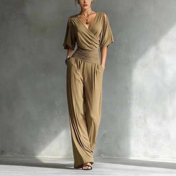 Morttic Women's Elegant Cold Shoulder V-Neck Slim Fit Jumpsuit – Ruched Waist Wide Leg Office Party Romper with Side Pockets Khaki,XXL