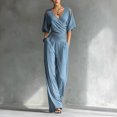 thumbnail image 1 of Morttic Women's Elegant Cold Shoulder V-Neck Slim Fit Jumpsuit – Ruched Waist Wide Leg Office Party Romper with Side Pockets Light Blue，XXL, 1 of 1