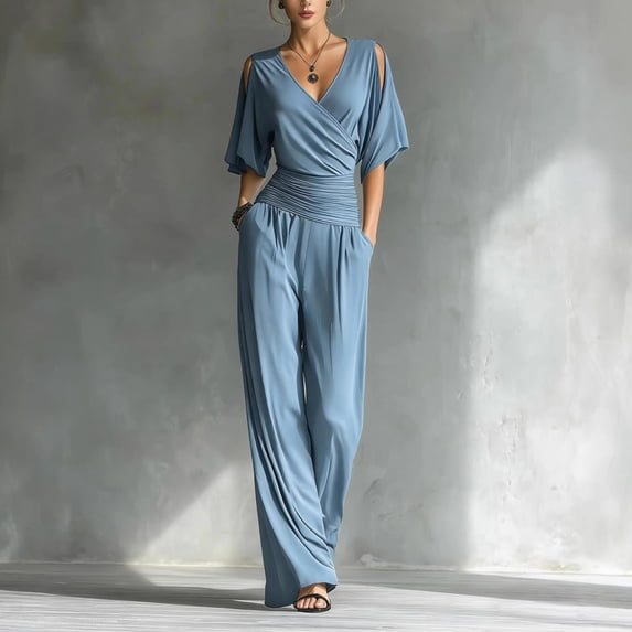 Morttic Women's Elegant Cold Shoulder V-Neck Slim Fit Jumpsuit – Ruched Waist Wide Leg Office Party Romper with Side Pockets Light Blue,XXL