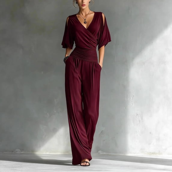Morttic Women's Elegant Cold Shoulder V-Neck Slim Fit Jumpsuit – Ruched Waist Wide Leg Office Party Romper with Side Pockets Wine Red,XXL