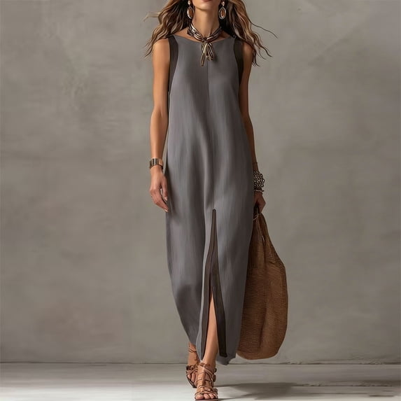 Morttic Women's Elegant Contrast Strap Sleeveless Maxi Dress – Split Front Loose Tank Dress Beach Vacation Casual Outfit Gray,S