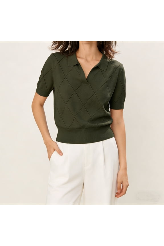 Women's Elegant Diamond Quilted Collar Short Sleeve Ribbed Casual Top – Polo Neck Solid Color Summer Knit Sweater Army Green,XS