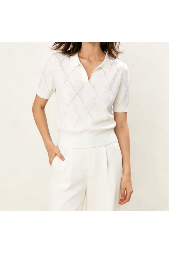 Women's Elegant Diamond Quilted Collar Short Sleeve Ribbed Casual Top – Polo Neck Solid Color Summer Knit Sweater White,L