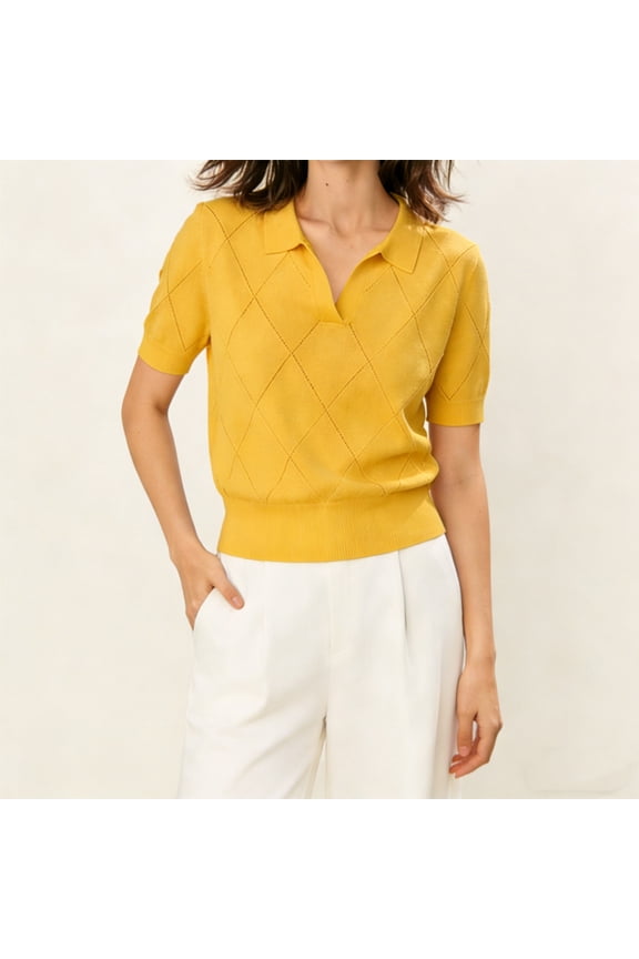 Women's Elegant Diamond Quilted Collar Short Sleeve Ribbed Casual Top – Polo Neck Solid Color Summer Knit Sweater Yellow,M