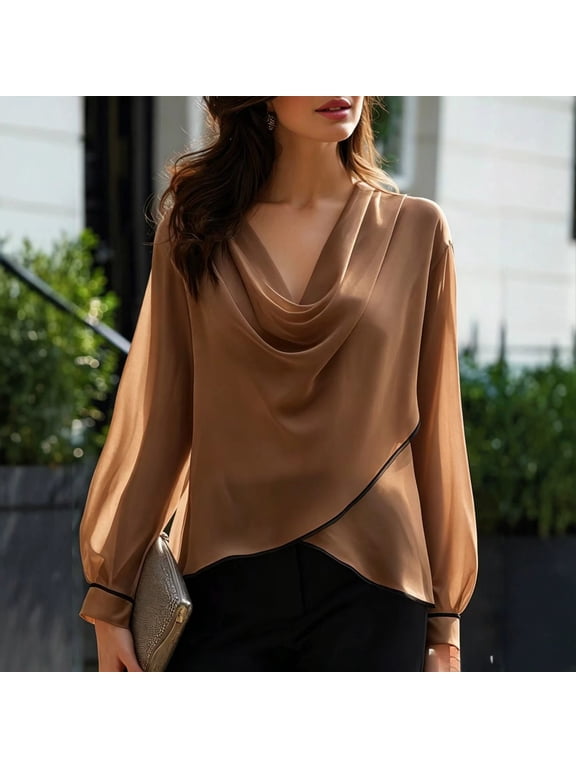 Women's Elegant Draped Neck Contrast Binding Asymmetric Hem Bubble Long Sleeve Blouse Office Daily Top Coffee,XL
