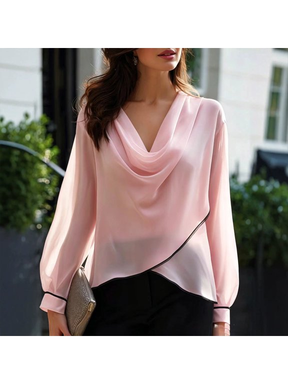 Women's Elegant Draped Neck Contrast Binding Asymmetric Hem Bubble Long Sleeve Blouse Office Daily Top Pink,XXL