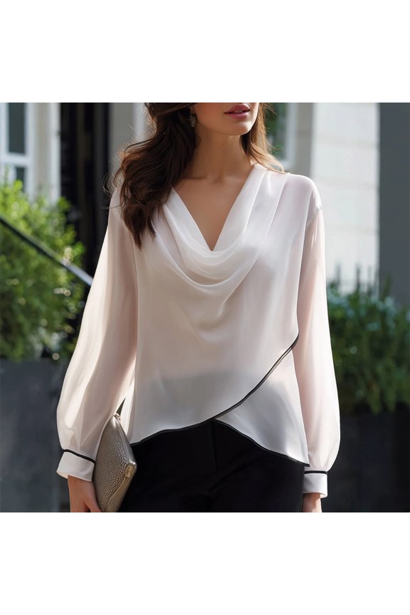 Women's Elegant Draped Neck Contrast Binding Asymmetric Hem Bubble Long Sleeve Blouse Office Daily Top White,S