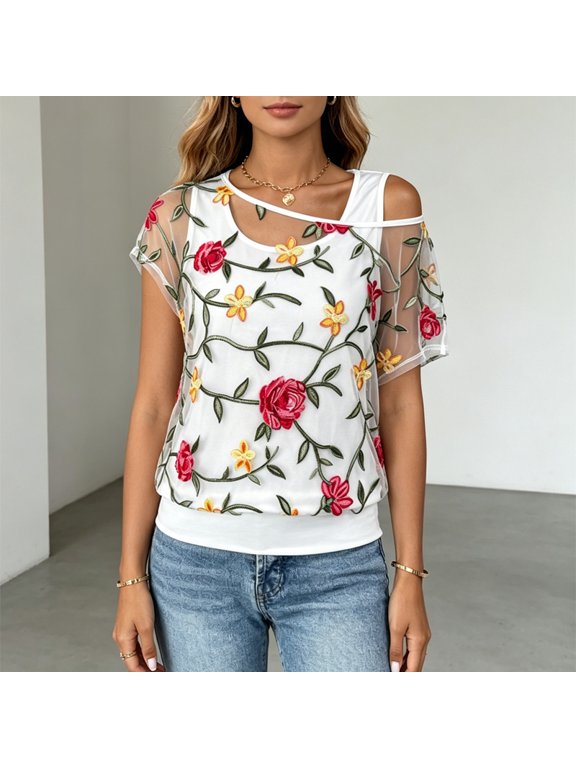 Women's Elegant Fake Two Knitted Short Sleeve Blouse – Casual Summer Mesh Overlay Top Streetwear & Everyday Wear White Flower,L