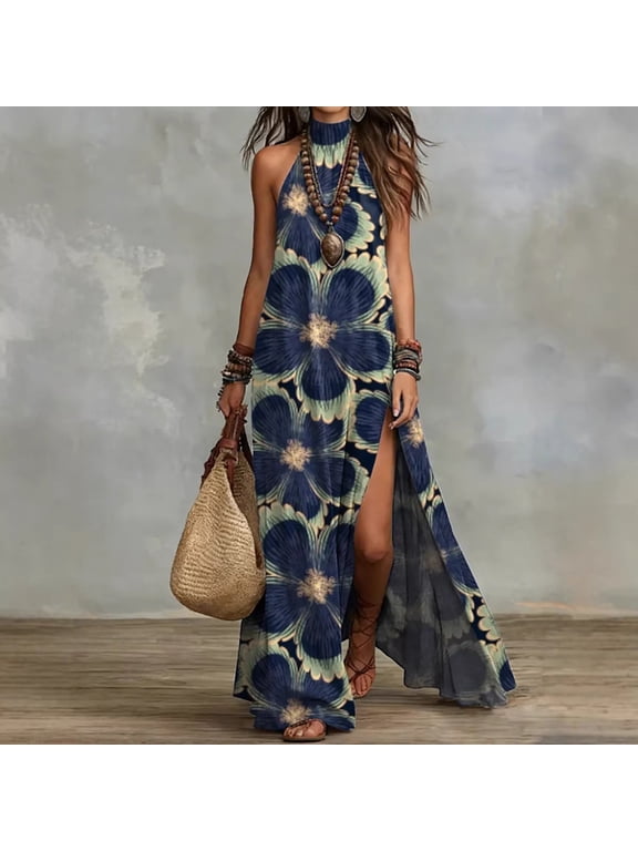 Women's Elegant Floral Print Halter Neck Sleeveless High Split Maxi Dress – Flowy A-Line Bohemian Holiday Dress Picture 2，M
