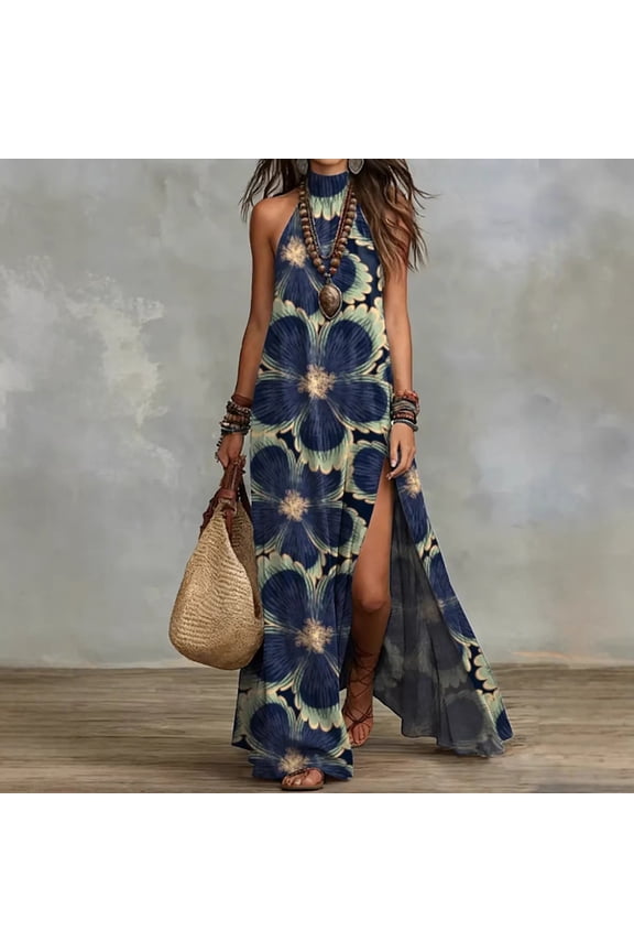 Women's Elegant Floral Print Halter Neck Sleeveless High Split Maxi Dress – Flowy A-Line Bohemian Holiday Dress Picture 2,S