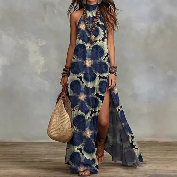 Morttic Women's Elegant Floral Print Halter Neck Sleeveless High Split Maxi Dress – Flowy A-Line Bohemian Holiday Dress Picture 2，XL