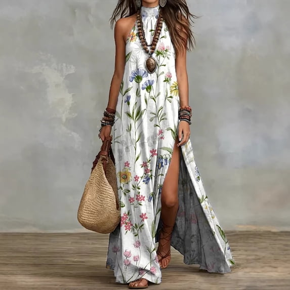 Morttic Women's Elegant Floral Print Halter Neck Sleeveless High Split Maxi Dress – Flowy A-Line Bohemian Holiday Dress Picture 3,XL
