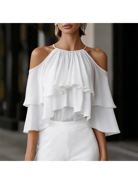 Women's Elegant Halter Cold Shoulder Ruffle Blouse – Tiered Flutter Half Sleeve Pleated Neck Top for Party Vacation White,M