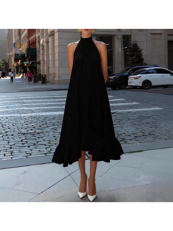Women's Elegant Halter Neck Pleated Ruffle Hem Midi Dress – Off-Shoulder Sleeveless A-Line Solid Color Cocktail Gown Black,XXL