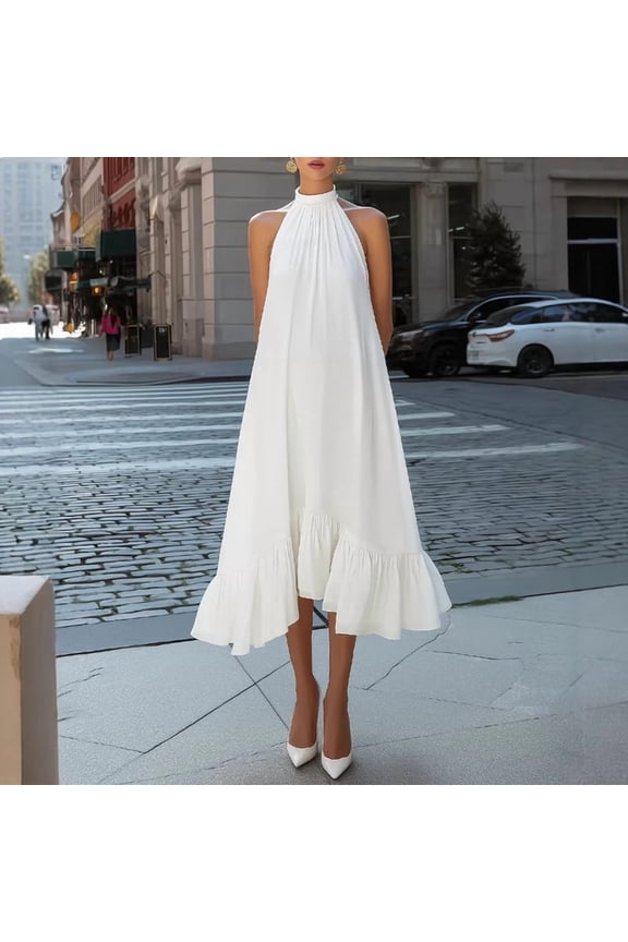 Women's Elegant Halter Neck Pleated Ruffle Hem Midi Dress – Off-Shoulder Sleeveless A-Line Solid Color Cocktail Gown White,M