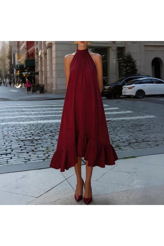 Women's Elegant Halter Neck Pleated Ruffle Hem Midi Dress – Off-Shoulder Sleeveless A-Line Solid Color Cocktail Gown Wine Red，S