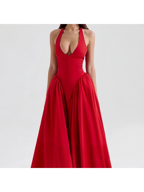 Women's Elegant Halter V-Neck Backless Solid Color Deep V Waist Sleeveless Maxi Dress with Tie Pleated Detail Red,S