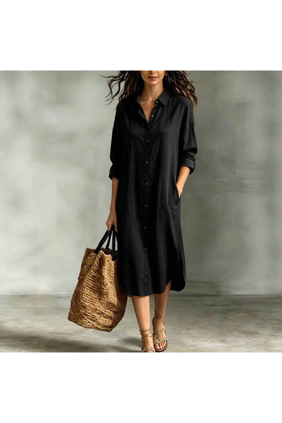 Women's Elegant Lapel Button Front Midi Shirt Dress – Side Pocket, Hem Split, Solid Color Casual Summer Dress Black，XL