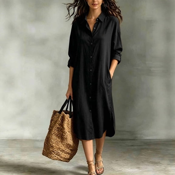 Morttic Women's Elegant Lapel Button Front Midi Shirt Dress – Side Pocket, Hem Split, Solid Color Casual Summer Dress Black,XL