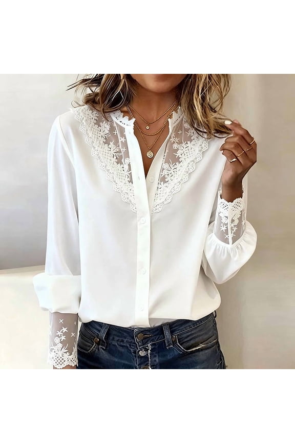 Women's Elegant Long Sleeve Lace Patchwork Shirt – Solid Color Lace Embroidery Button Closure Blouse White，M