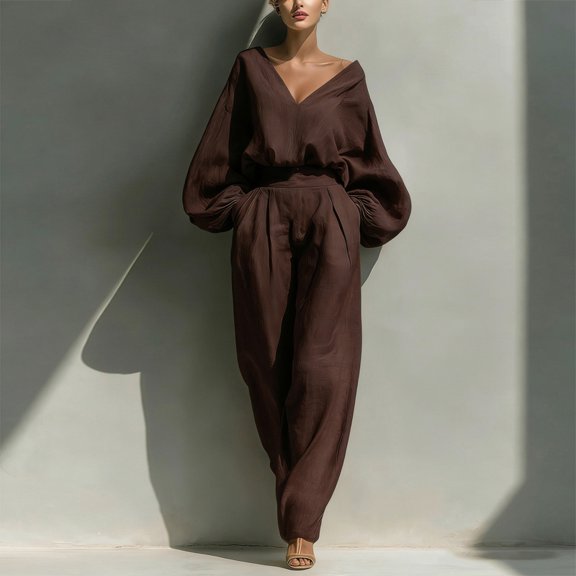 Morttic Women's Elegant Loose Solid Color Set – Off Shoulder V-Neck Puff Sleeve Blouse & High Waist Wide Leg Pants Dark Brown,S