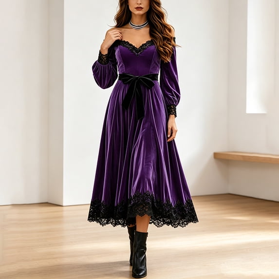 Morttic Women's Elegant Off Shoulder Long Sleeve Velvet Maxi Dress – Lace Trim & Waist Bow Party Dress for Fall Winter Outfit Purple,L