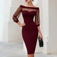 thumbnail image 1 of Morttic Women's Elegant Off-Shoulder Sheer Mesh Puff Sleeve Midi Dress – Bodycon Solid Color Sexy Formal Cocktail Gown Wine Red，M, 1 of 2