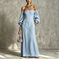 thumbnail image 1 of Morttic Women's Elegant Off The Shoulder Puff Sleeve Elastic Ruffled Neckline Slim Maxi Dress with Side Pockets for Beach Light Blue，XL, 1 of 2