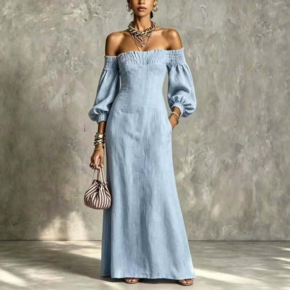 Morttic Women's Elegant Off The Shoulder Puff Sleeve Elastic Ruffled Neckline Slim Maxi Dress with Side Pockets for Beach Light Blue,XL