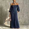thumbnail image 1 of Morttic Women's Elegant Off The Shoulder Puff Sleeve Elastic Ruffled Neckline Slim Maxi Dress with Side Pockets for Beach Navy Blue，XL, 1 of 2