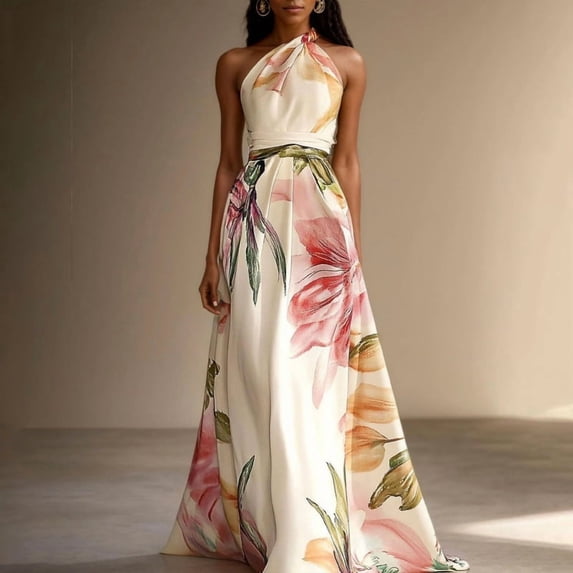 Morttic Women‘s Elegant One Shoulder Floral Print High Waist A-Line Maxi Dress with Self-Tie Belt & Flowy Hem Apricot,XL