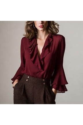 Women's Elegant Ruffle Chiffon V-Neck Blouse – Long Flare Sleeve Flounce Neck & Cuff Top Casual Party Work Office Wine Red,L