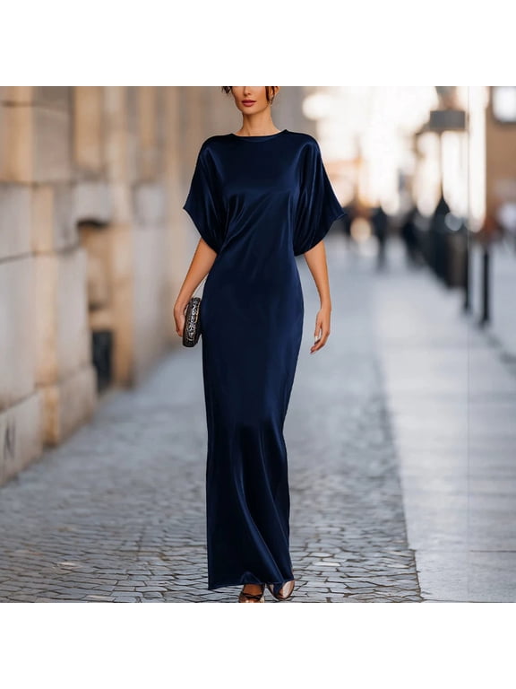 Women's Elegant Satin Formal Party & Evening Gown – Solid Color Crew Neck Short Sleeve Slim Fit Maxi Dress Navy Blue,XL