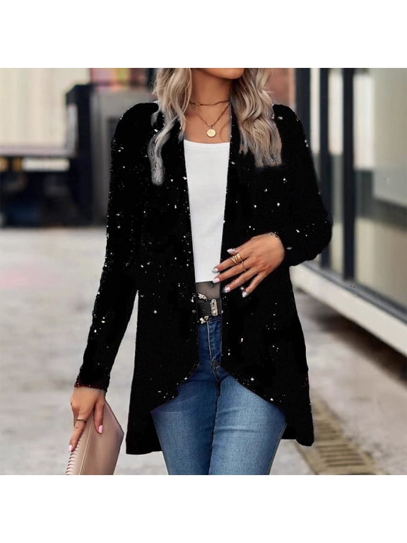 Women's Elegant Sequin Long Sleeve Jacket Fashion Asymmetric Hem Party Cocktail Evening Dinner Outerwear Black,M