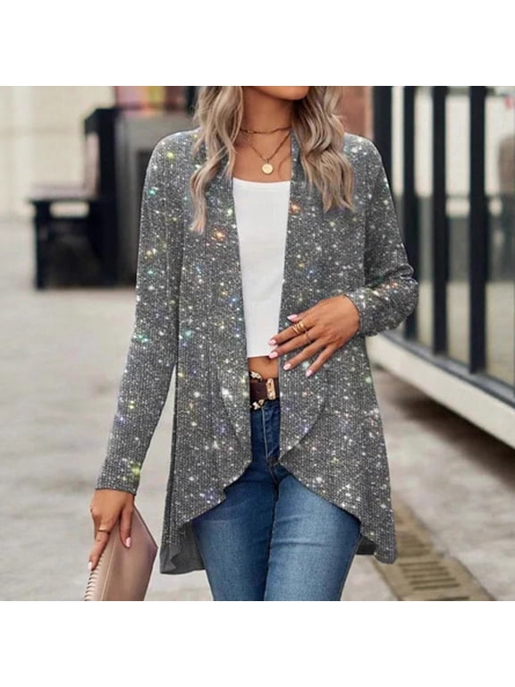 Women's Elegant Sequin Long Sleeve Jacket Fashion Asymmetric Hem Party Cocktail Evening Dinner Outerwear Silver,XXL
