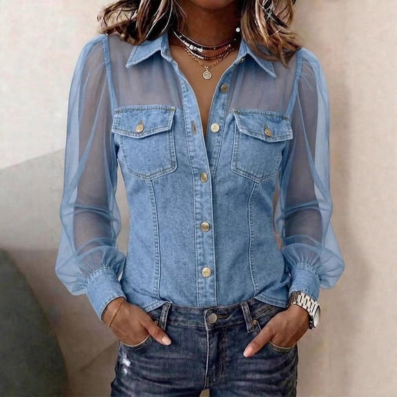 Morttic Women's Elegant Sheer Mesh Sleeve Spliced Faux Denim Shirt – Button Front, Lapel Neck Slim Fit Casual Vintage Blouse Light Blue，L