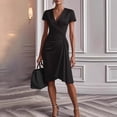 thumbnail image 1 of Morttic Women's Elegant Short Sleeve Dress – V-Neck Pleated Detail, Asymmetrical Hem, Solid Color Evening Party Gown Black，XL, 1 of 4