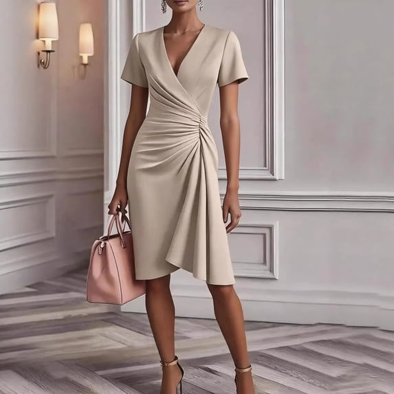 Morttic Women's Elegant Short Sleeve Dress – V-Neck Pleated Detail, Asymmetrical Hem, Solid Color Evening Party Gown Khaki,M