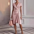 thumbnail image 1 of Morttic Women's Elegant Short Sleeve Dress – V-Neck Pleated Detail, Asymmetrical Hem, Solid Color Evening Party Gown Pink，XXL, 1 of 4