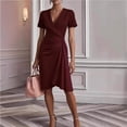 thumbnail image 1 of Morttic Women's Elegant Short Sleeve Dress – V-Neck Pleated Detail, Asymmetrical Hem, Solid Color Evening Party Gown Wine Red，L, 1 of 2