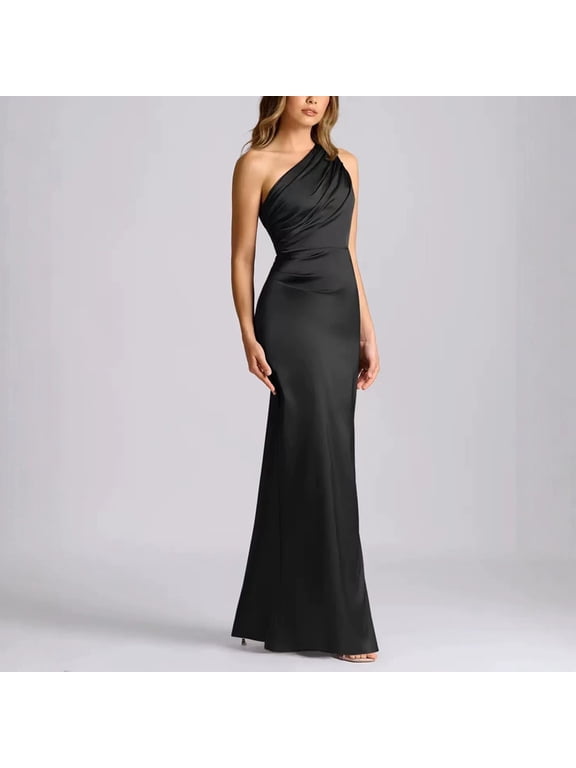 Women's Elegant Slanted Shoulder Satin Maxi Formal Dress – Ruched Slim Fit Perfect for Wedding Guest & Evening Party Black,M